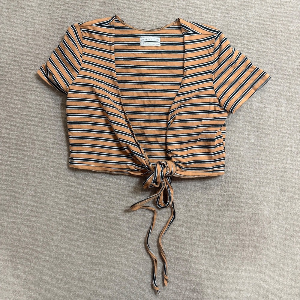 Urban Outfitters Mustard Yellow Striped Tie Front Wrap Crop Top Short Sleeve L